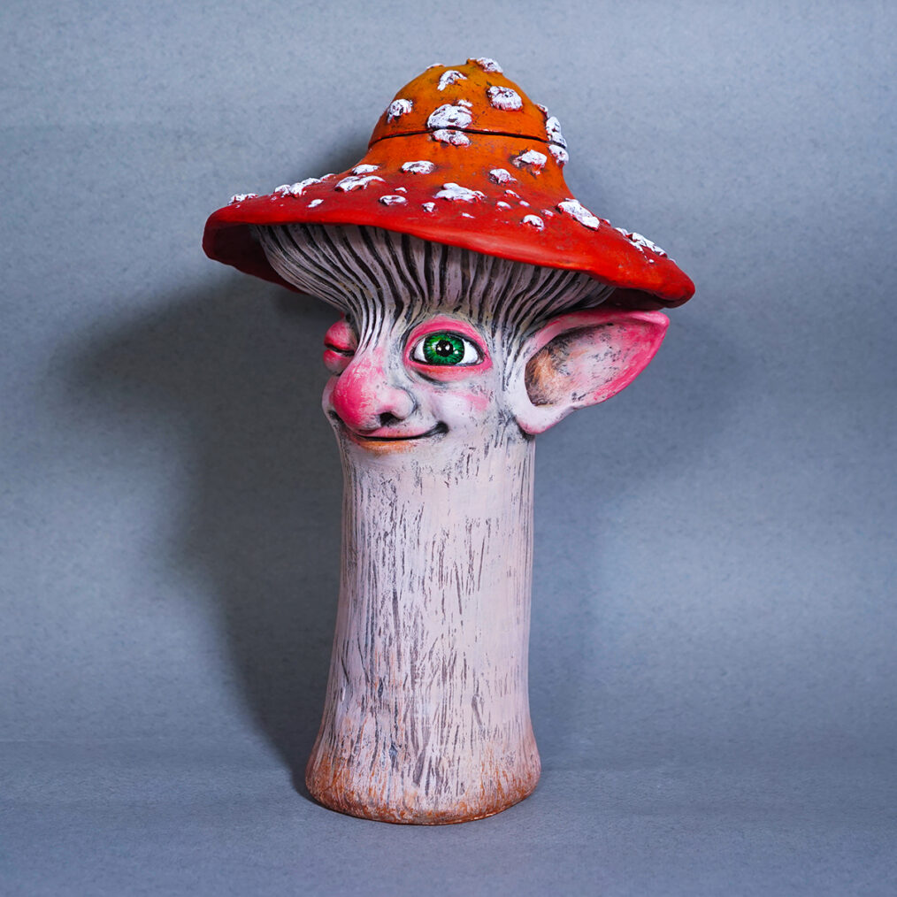 Handmade sculpture 'Magic Mushroom'. Material - white clay. Painted with acrylic colors.