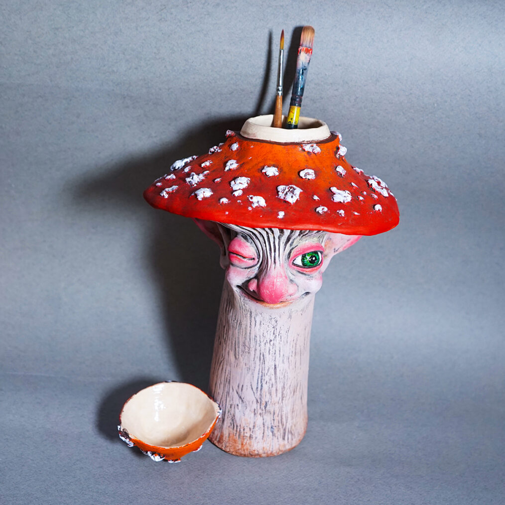 Handmade sculpture 'Magic Mushroom'. Material - white clay. Painted with acrylic colors.
